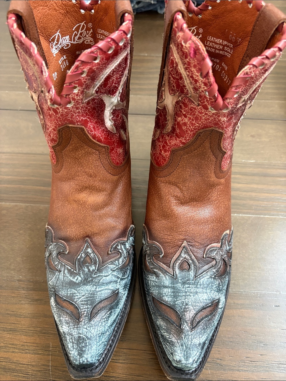 Dan Post Two-Tone Brown and Red Leather Western Heeled Boots